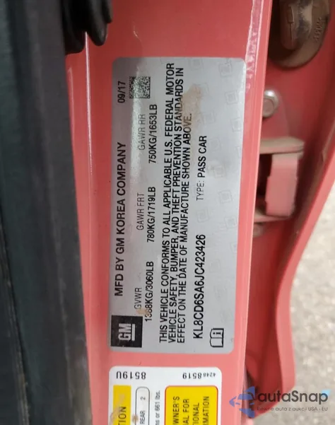 2018 Chevrolet Spark 1Lt из США, поврежденный, VIN KL8CD6SA6JC423426